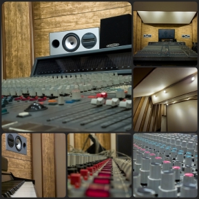 Quadratische Collage mit sieben Bildern: Nahaufnahmen von Fadern und Drehknöpfen eines analogen Mischpults, bündig in die Wand eingelassene Studiomonitore, Regieraum-Gesamtansicht, Akustikverkleidung mit Deckenbeleuchtung sowie weitere Pult- und Monitorin